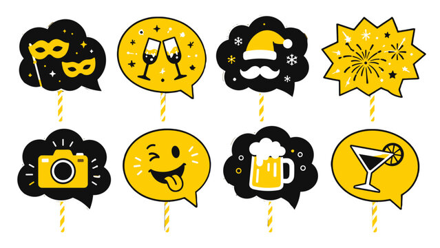 Party photo booth prop set with festive speech bubble signs