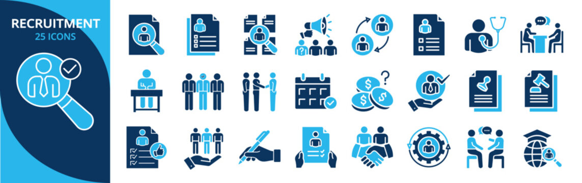 Recruitment glyph icon set. Contain recruitment, hiring, staffing, onboarding, talent, interviewing, headhunting, resumes, sourcing, placement