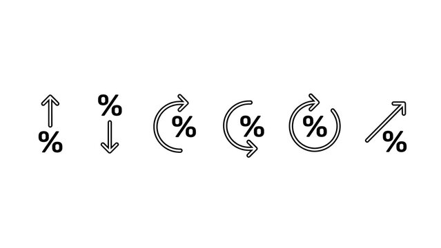Percentage Icons Set: A collection of graphic symbols representing percentage changes, including upward and downward arrows, circular arrows indicating cycles, and a diagonal arrow showing growth.