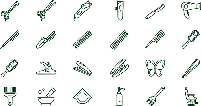Set of barber shop tools and accessories collection for hairdressing and styling including scissors combs and hairdryer.