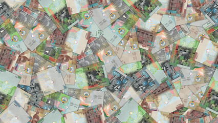 Fototapeta premium Financial illustration. Seamless pattern. Randomly scattered one, half and quarter dinar banknotes, State of Kuwait. Kuwaiti money. Textured background wallpaper. Obverse and reverse. 1, 50, 25 fils
