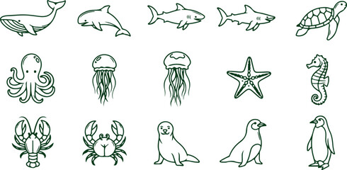 Marine life set containing various ocean creatures like sharks whales jellyfish sea turtles and aquatic mammals now. © Sadhin