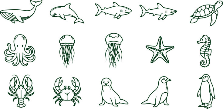 Marine life set containing various ocean creatures like sharks whales jellyfish sea turtles and aquatic mammals now.