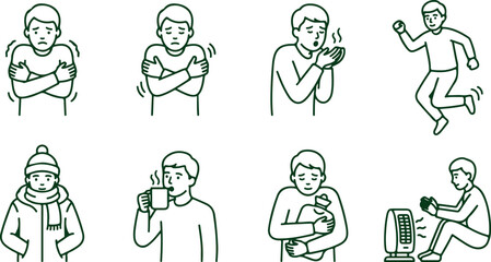 Fototapeta premium Set of line icons showing people feeling cold and trying to warm up with different methods of staying warm.