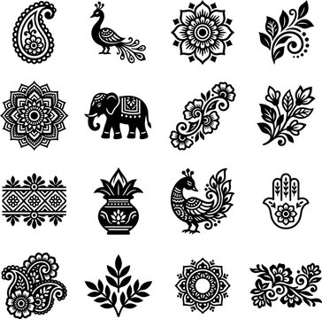 Professional set of decorative indian style motifs featuring mandalas peacocks and traditional cultural floral ornament patterns