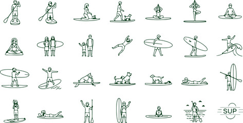 Collection of line icons depicting people enjoying stand up paddleboarding activities with dogs and yoga poses.