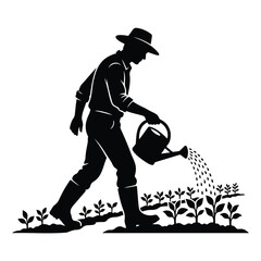 Fototapeta premium Farmer watering plants in garden with watering can on white background