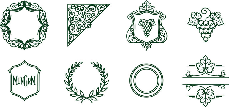 Collection of ornate vintage decorative elements and emblems with grape and laurel motifs for elegant design.