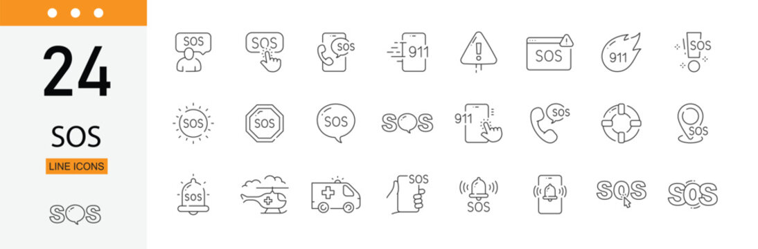 SOS icons set representing emergency assistance, distress signals, rescue services, urgent support and crisis response. Editable Stroke.