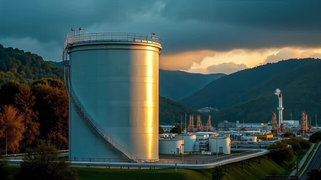 Massive white industrial storage silo tank at a chemical processing facility during sunset