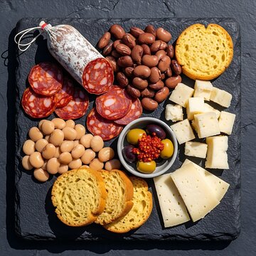  authentic Portuguese Petiscos charcuterie board on a dark volcanic rock slab. Highlight: Chouri�o Seco and S�o Jorge cheese. Elements: Slices of cured paprika garlic pork sausage,