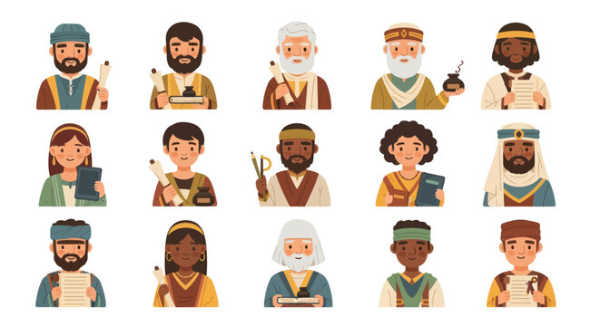 Flat vector illustration of diverse ancient scribes, prophets, and biblical figures holding scrolls and books. Religion  history characters.