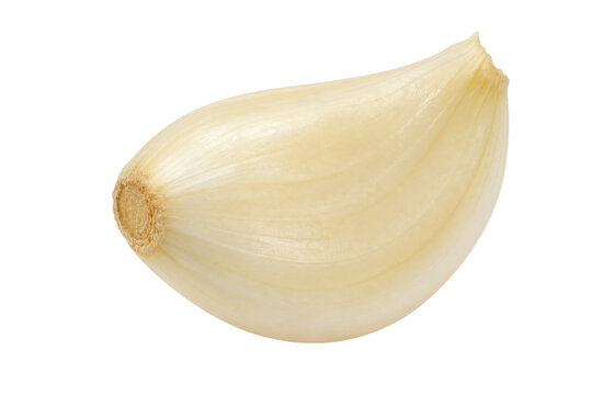 Single peeled garlic clove isolated on a clean white background