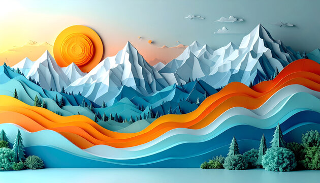 3D paper cut style snow mountain landscape with beautiful sunset and layered clouds background