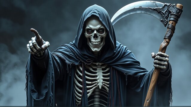 digital illustration skeleton wearing black hooded cloak holding scythe skeleton standing dark ominous pose its arms stretched out sides its head tilted slightly side background filled smoke giving