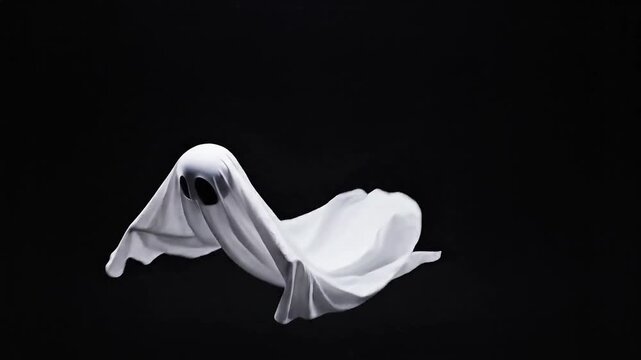 Playful white ghost costume floating eerily in darkness, perfect for Halloween