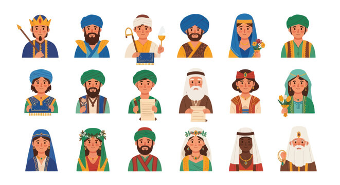 Flat Cartoon Illustration of Biblical and Historical Characters representing Ancient Religious History and Diverse Cultures