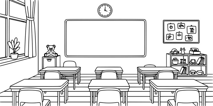 Classroom Desk Illustration with Chairs, Chalkboard, Window, and Wall Clock, Line Art with Minimal Details for Education Themes