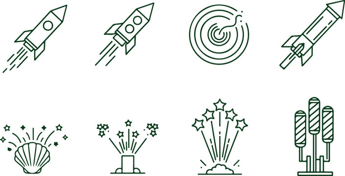 Collection of rocket and firework icons symbolizing launch and celebration on transparent background.