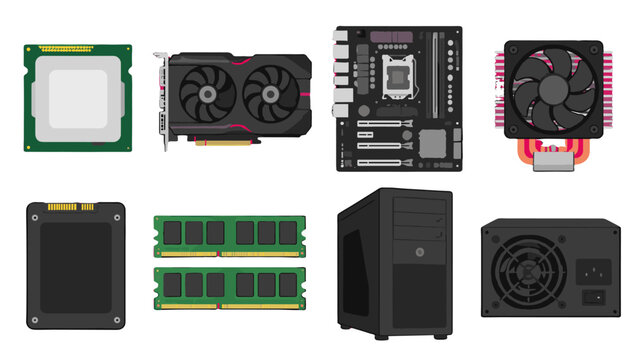 Computer hardware components set with processor and graphics card