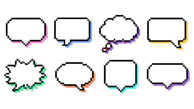 Set of pixel speech bubbles with colorful glitch shadows