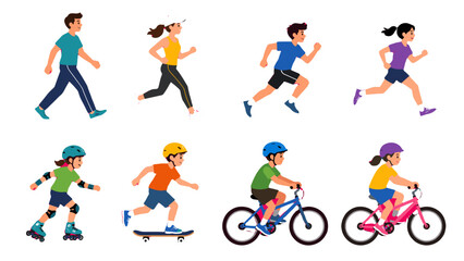 Set of children and adults walking, running, skating and cycling © icon_art