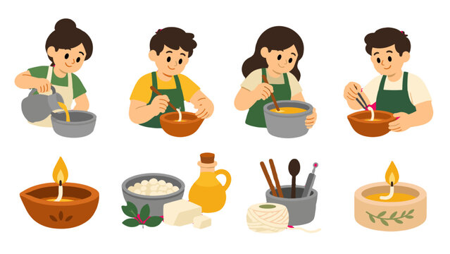 People making diy candles with bowls, wax, wicks and tools