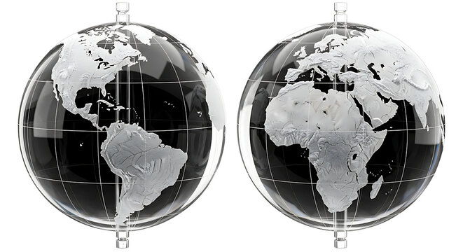 Two transparent glass globes with white continents showing the Americas and Afro-Eurasia, isolated on a transparent background