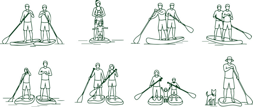 People stand up paddleboarding family couple friends dog on water activity leisure outdoor sport.