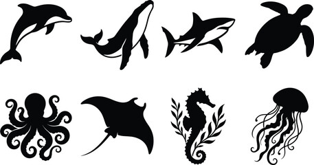 Marine life silhouettes vector icon set featuring black sea animal illustrations of dolphin whale shark turtle octopus ray seahorse jellyfish © Sirajul