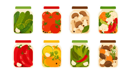Obraz premium Set of vegetable jars with assorted preserved foods