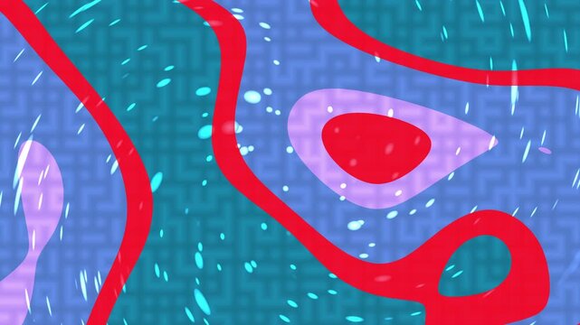 Abstract colorful background with wavy red lines and fluid organic shapes on textured blue pattern.