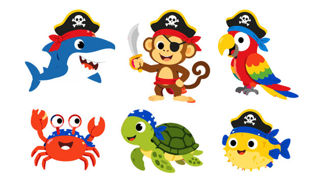 Cute pirate animals and sea creatures cartoon vector set