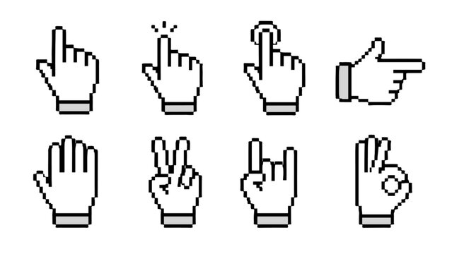 Set of pixel hand cursor and gesture icons