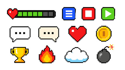 Pixel art game interface icons set on white background © icon_art