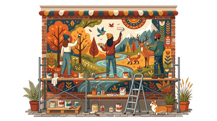 Artists painting large colorful wall mural. © Makdum