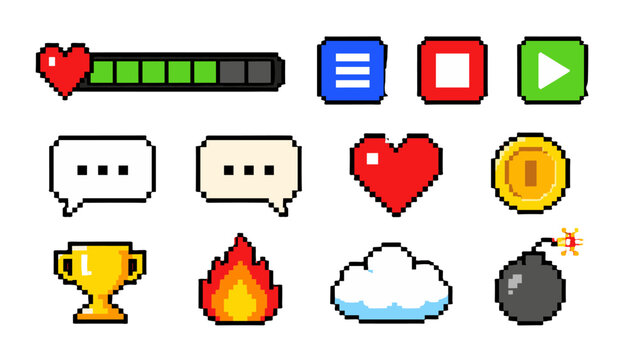 Pixel art game interface icons set on white background
