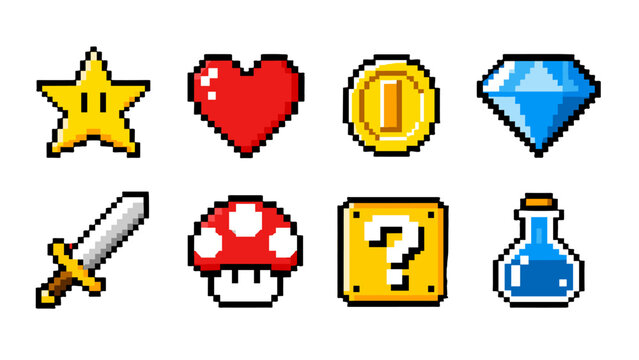 Pixel art game item icons set with star heart coin and sword