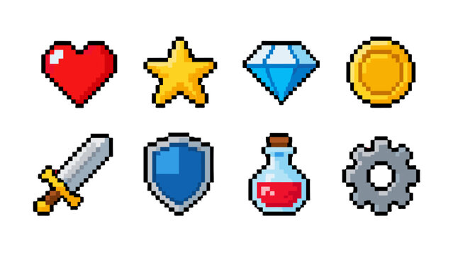 Pixel art game icons set with heart star gem coin and tools
