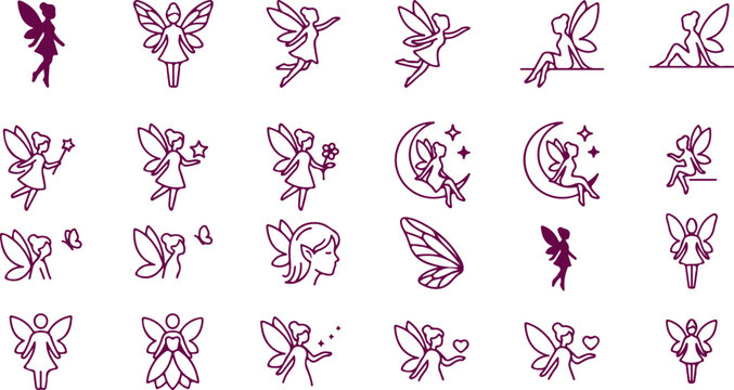 Whimsical fairies in various poses, holding flowers, stars, and sitting on crescent moon, delicate sprites.