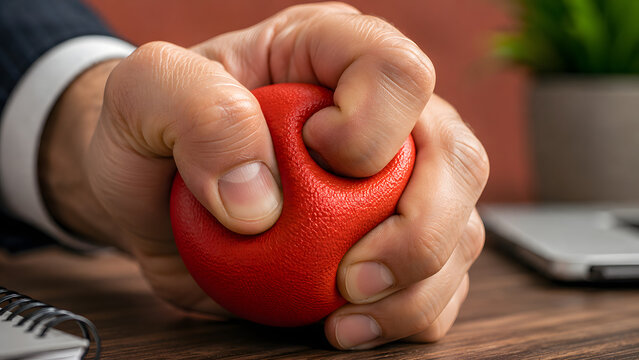 Close-up of a businessman's hand firmly squeezing a red stress ball on a desk, illustrating workplace tension and the need for emotional release