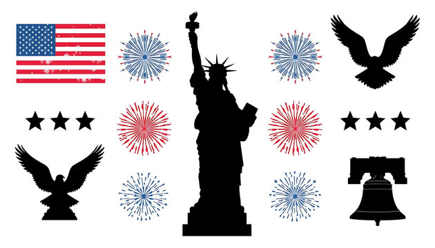 Statue of Liberty silhouette stands surrounded by eagles and patriotic icons for American celebrations.
