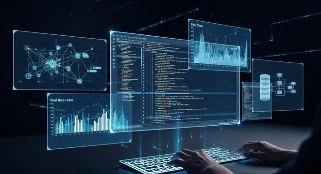 Software developer working on complex programming code with glowing blue data visualizations on dark background