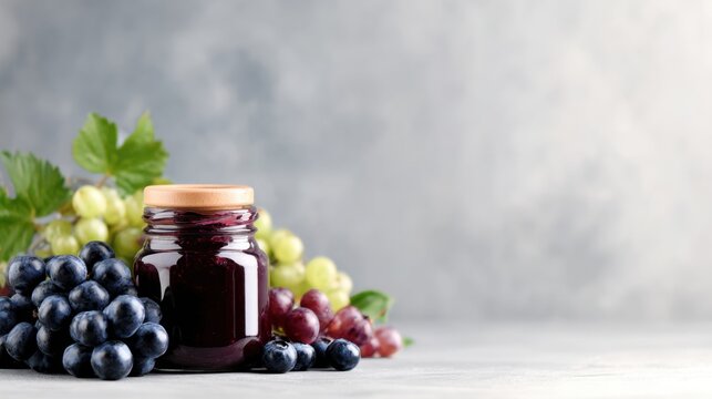 A jar of dark jam sits alongside an assortment of fresh grapes on a softly textured surface