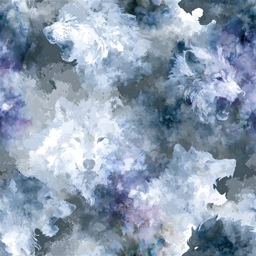 Mystical celtic puca wolves in a seamless watercolor pattern