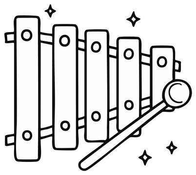 Illustration of wooden xylophone instrument with mallet and stars, simple black and white drawing for kids to print and color, vector.