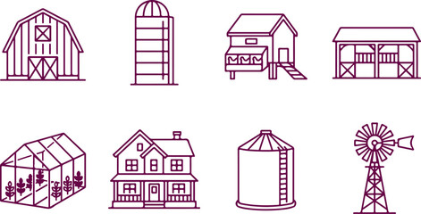 Farm buildings icons, barn, silo, chicken coop, greenhouse, house, windmill and sheds. © Sadhin