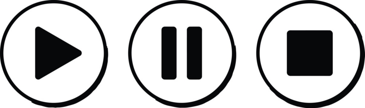 Black play pause and stop media control buttons in circular frames