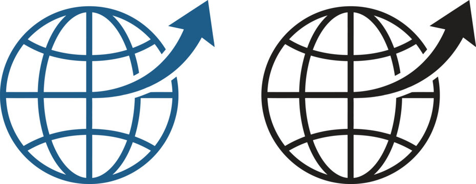 Global growth icons with world globe and rising arrow symbols for international business progress