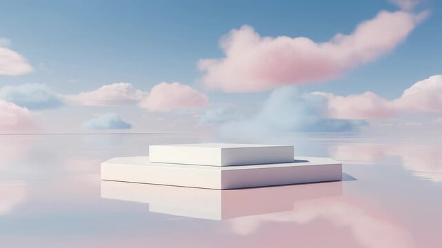 Minimalist white geometric platforms on reflective pink surface with soft blue sky and pastel clouds